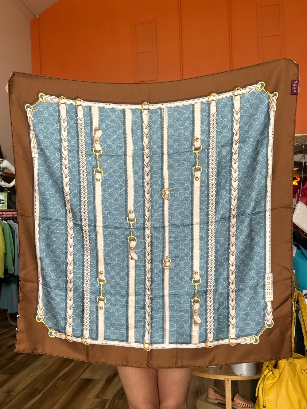 Gucci Horsebit Print Silk Scarf- Sky blue/brown - Picture 3 of 5